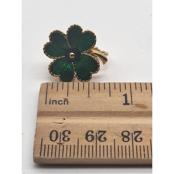 Avon Green Enamel Gold Tone Four Leaf Clover Clip On Earrings Vintage Signed - Picture 8 of 8